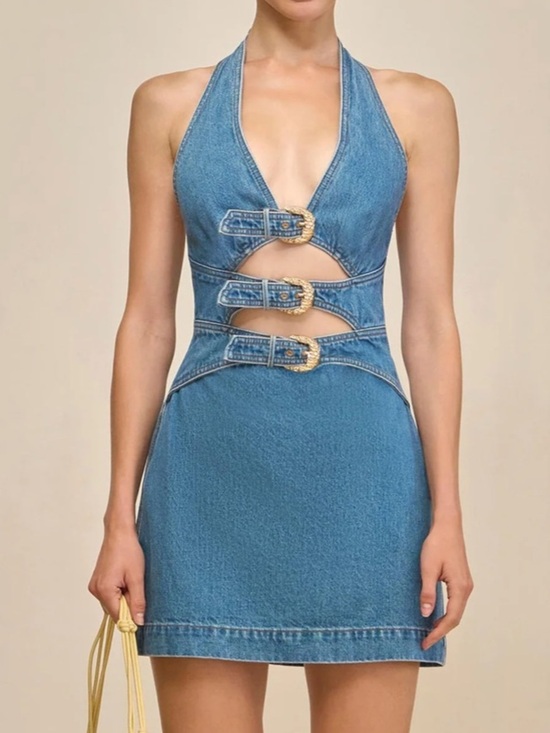 cult gaia Dresses & Skirts - cult gaia Blue Denim Mini Dress with Buckle Accents